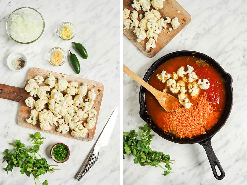 Side by side: Left: chopped cauliflower on a cutting board. Right: Cauliflower, tomatoes, and red lentils in a large cast iron skillet
