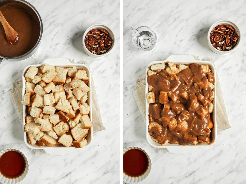 cubed French bread in baking pan and topped with sweet vanilla pudding 