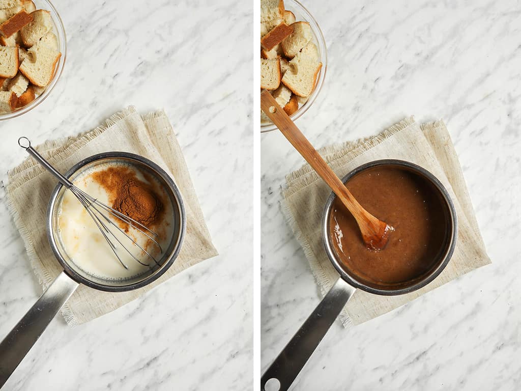 mixing cornstarch and milk in saucepan with cinnamon and sugar to create bread pudding base 