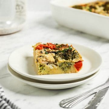 one slice of vegan breakfast casserole on white plate