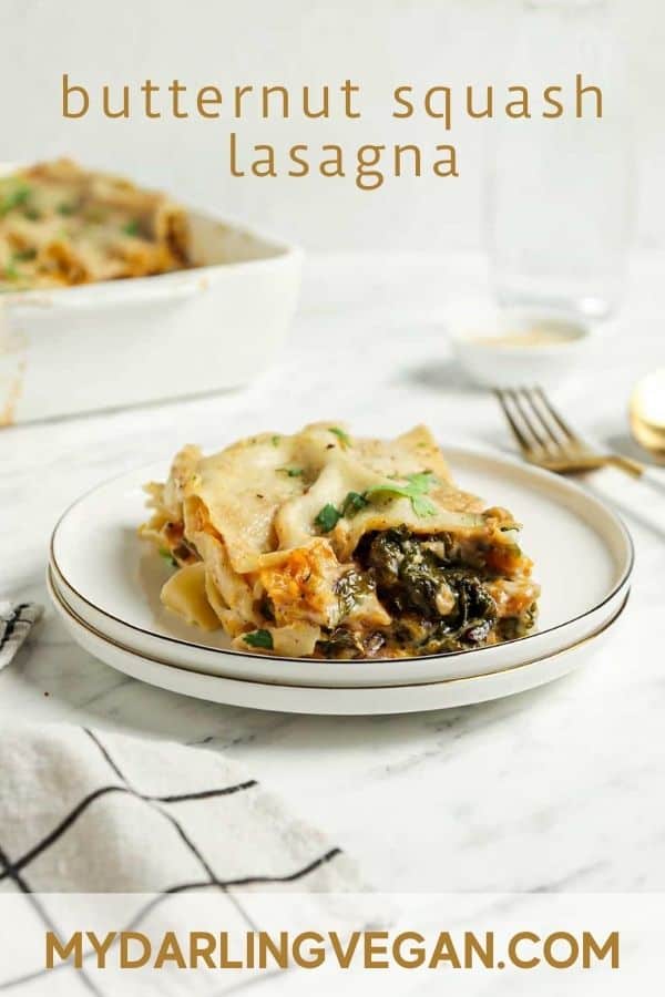 one plate of butternut squash lasagna square with text above it for Pinterest