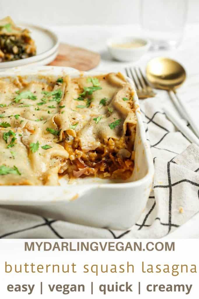 one dish of vegan butternut squash lasagna with Pinterest text