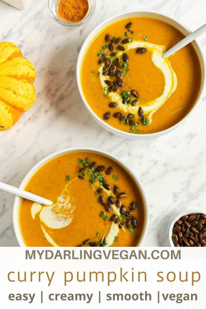 two bowls of curry pumpkin soup with Pinterest text