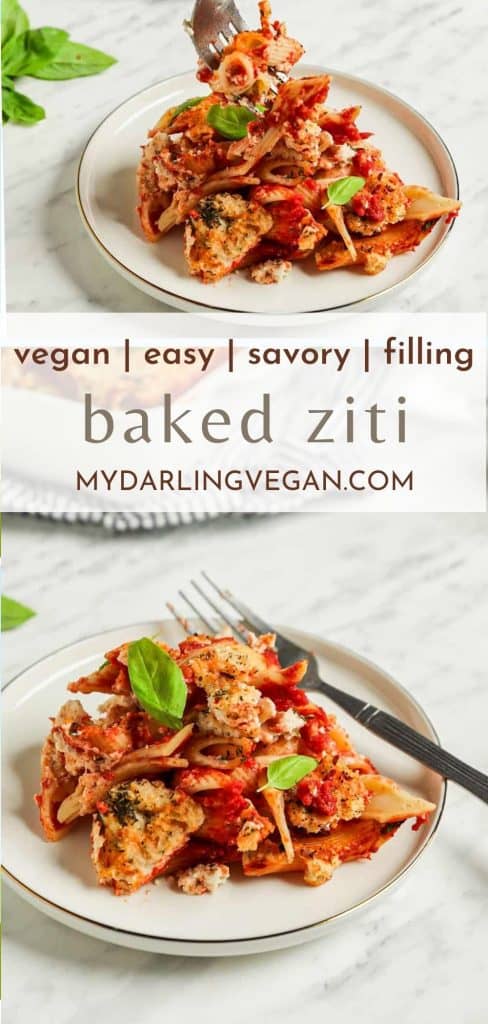 two images of vegan baked ziti on plates for Pinterest with text