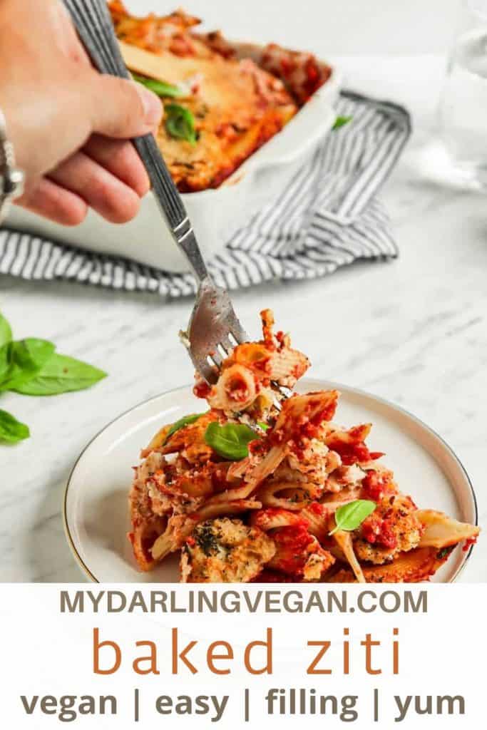 one plate of vegan baked ziti with fork and fresh basil with "baked ziti" text for Pinterest