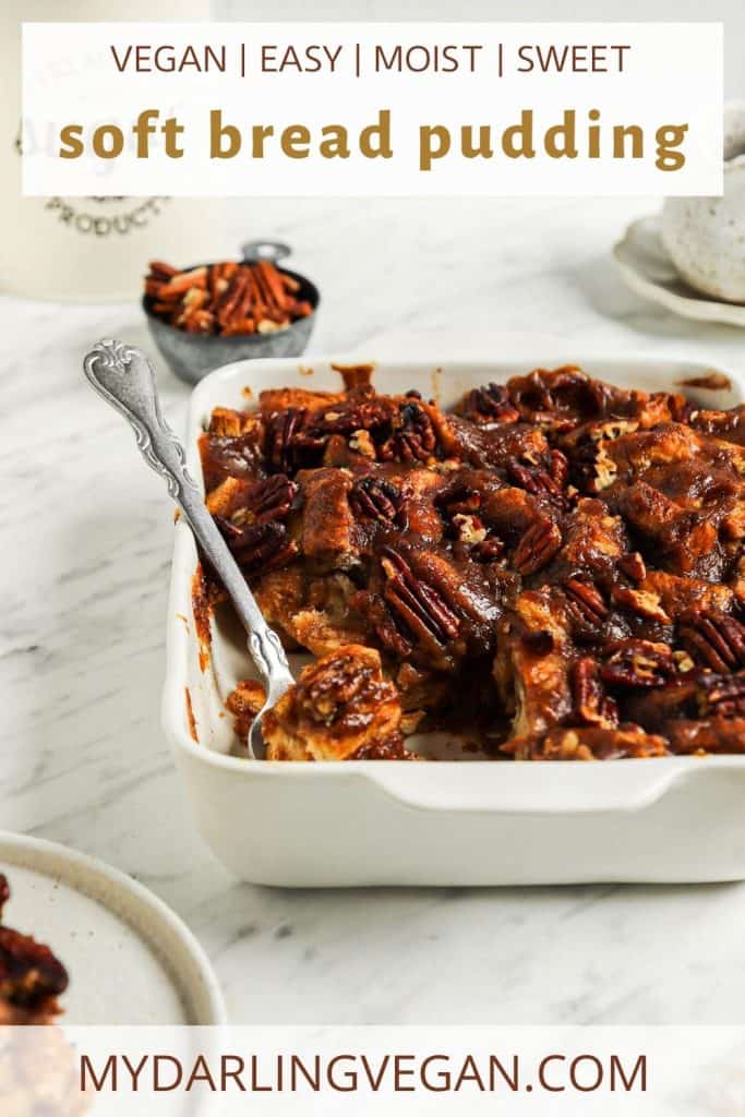 one baked vegan bread pudding recipe with pecans in white baking dish
