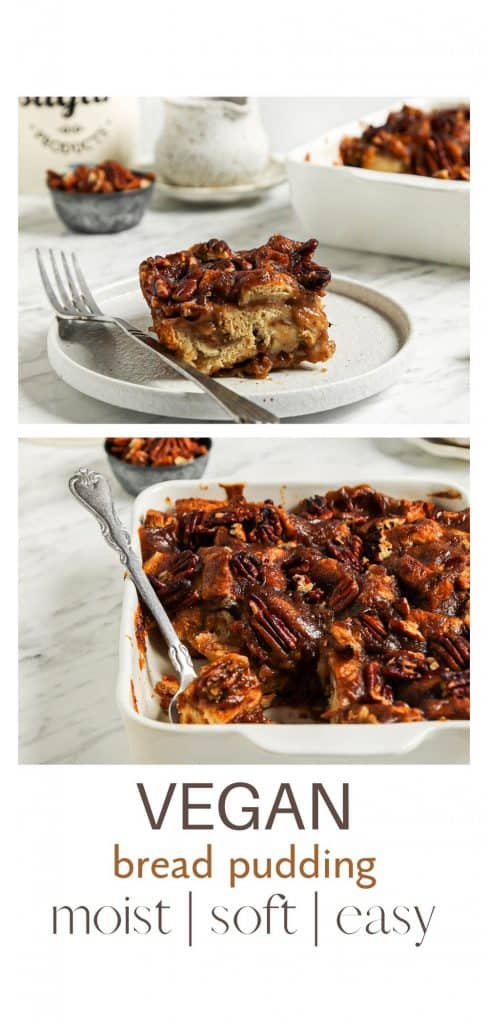 two images of vegan bread pudding for Pinterest graphic with text