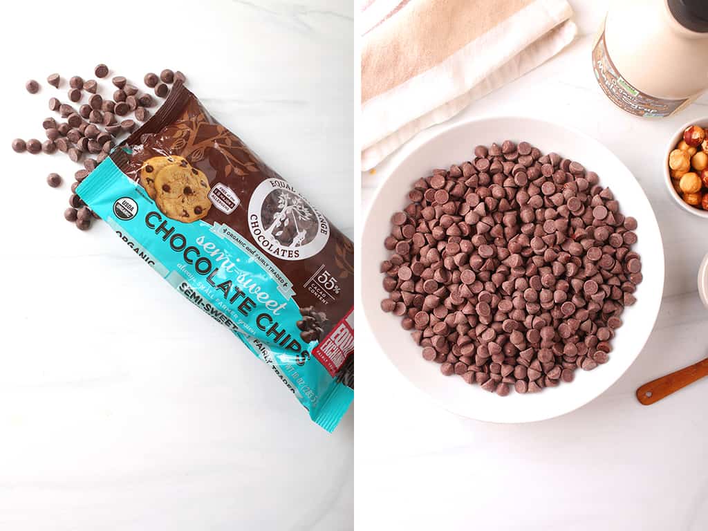 Left: bag of chocolate chips opened and spilled onto a countertop. Right: chocolate chips placed in a shallow white bow. 
