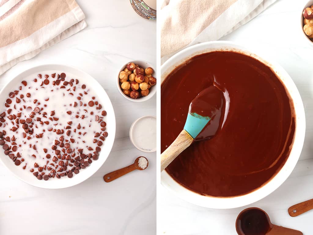 Left: Chocolate and cream mixed together in a white bowl. Right: Finished chocolate ganache. 