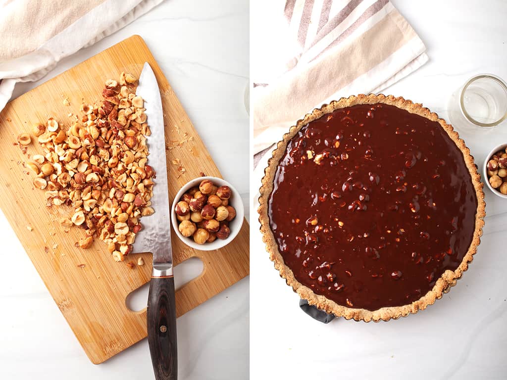 Left: chopped hazelnuts on a cutting board. Right: finished chocolate tart. 