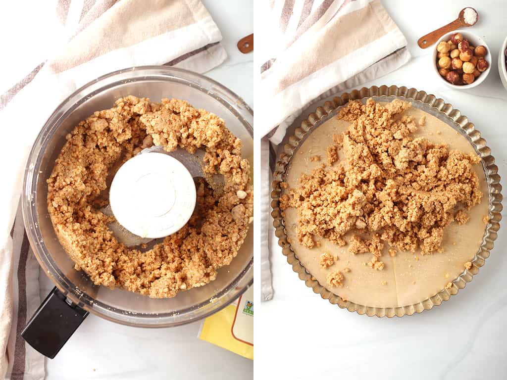 Left: hazelnut almond dough in a food processor. Right: tart crust emptied into a tart pan. 