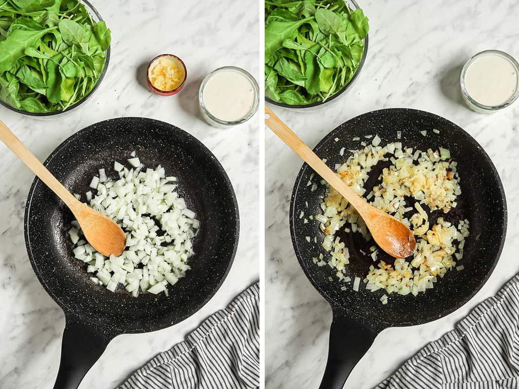 sautéeing onions in vegan butter in skillet with wooden spoon 