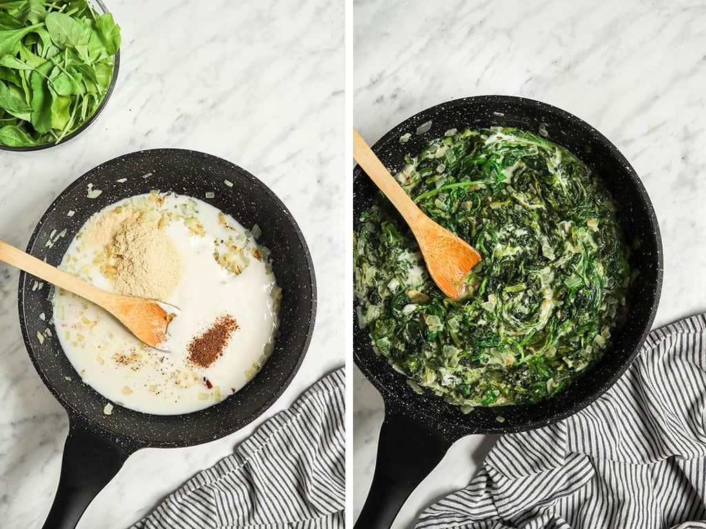 pouring cream, nutritional yeast, nutmeg, salt, and pepper in milk and cream in skillet then adding fresh spinach