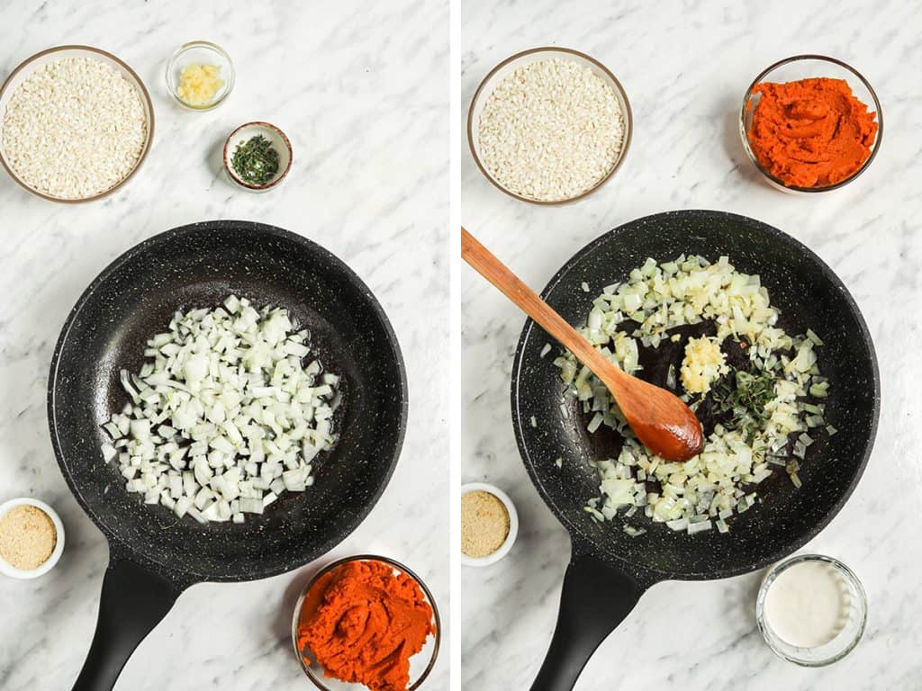 Left: onions sautéing in a black skillet. Right, sautéed onions, garlic, and thyme. 