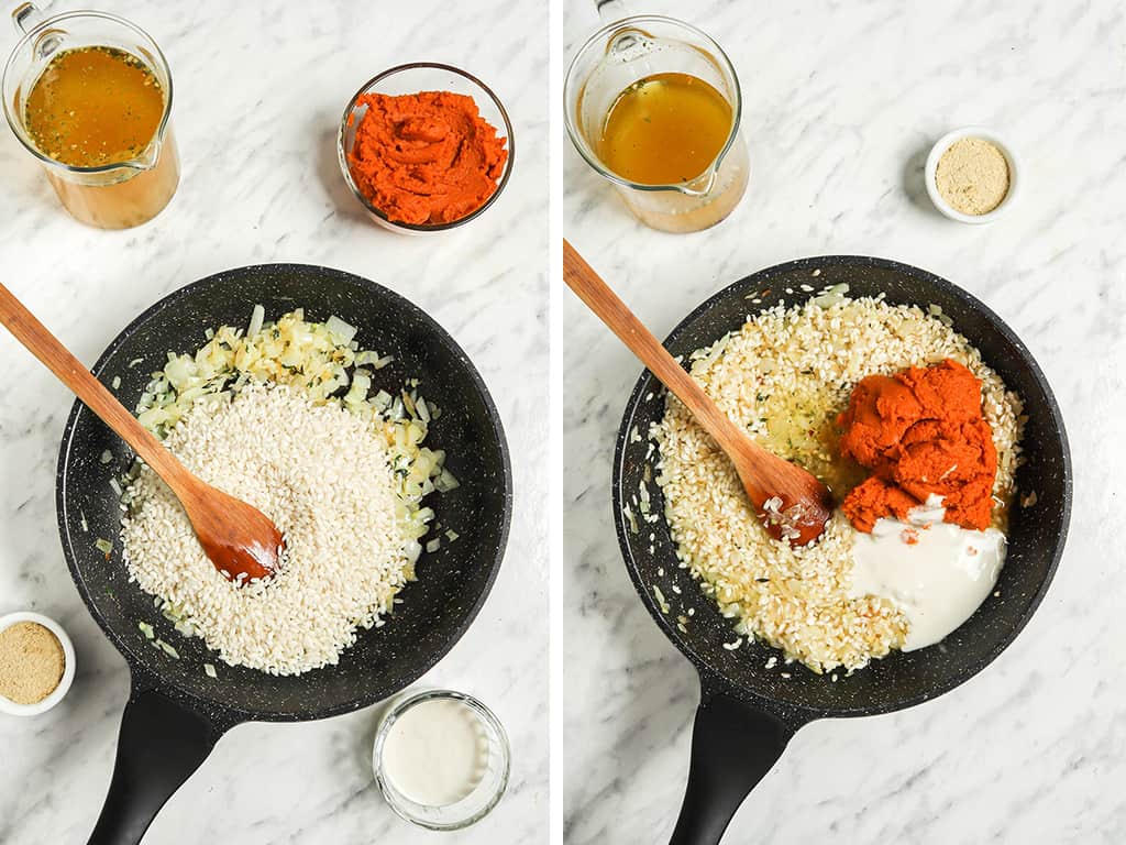 Left, rice added to the sautéed aromatics. Right, cream, pumpkin puree, and vegetable broth mixed in with the toasted rice. 