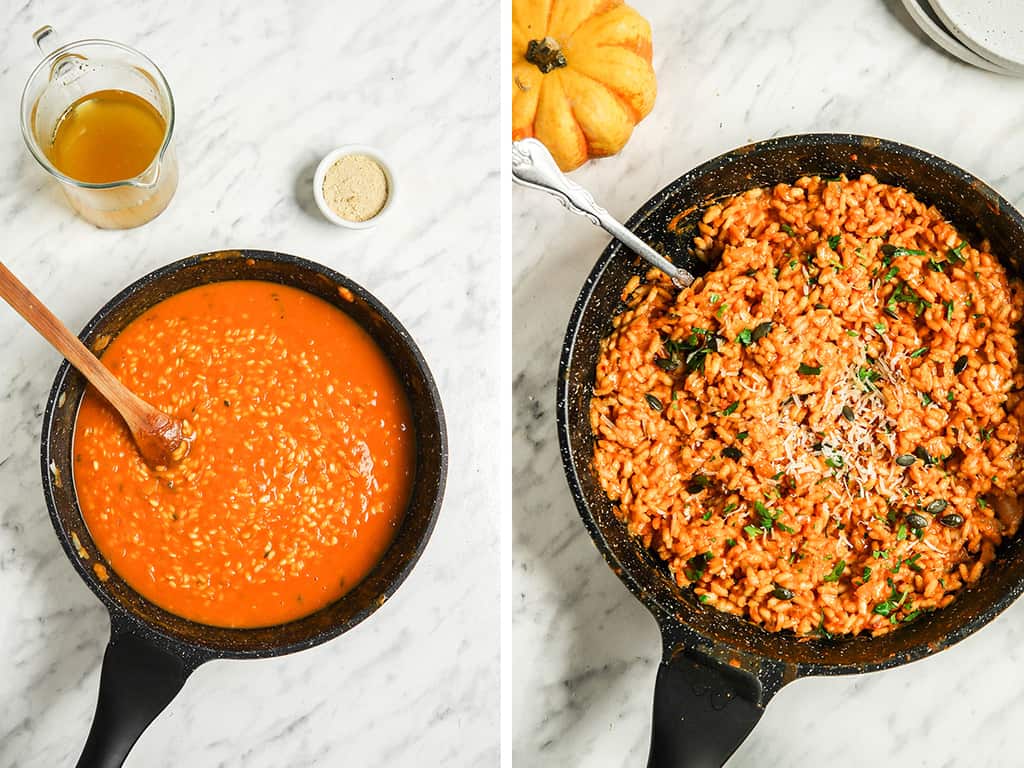 Left, liquid and rice simmering in black skillet. Right, finished risotto in a black skillet with fresh herbs and vegan parmesan. 