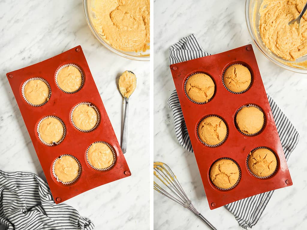 Side by side photos of unbaked and baked cornbread muffins in a red silicon baking tray. 