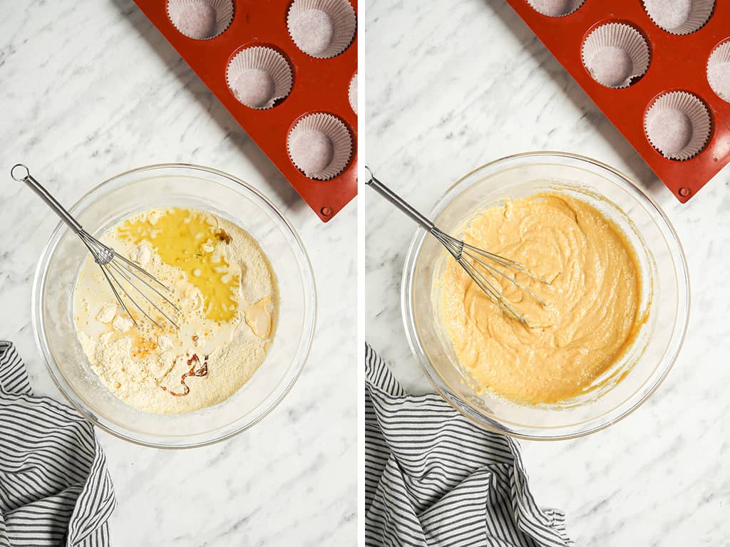 Side by side images of muffin batter mixed together in a glass mixing bowl. 