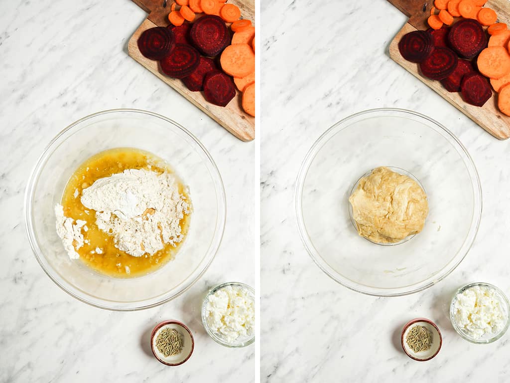 Left, wet and dry ingredients mixed together in aa glass mixing bowl. Right, finished dough rolled into a ball and placed in a glass mixing bowl. 