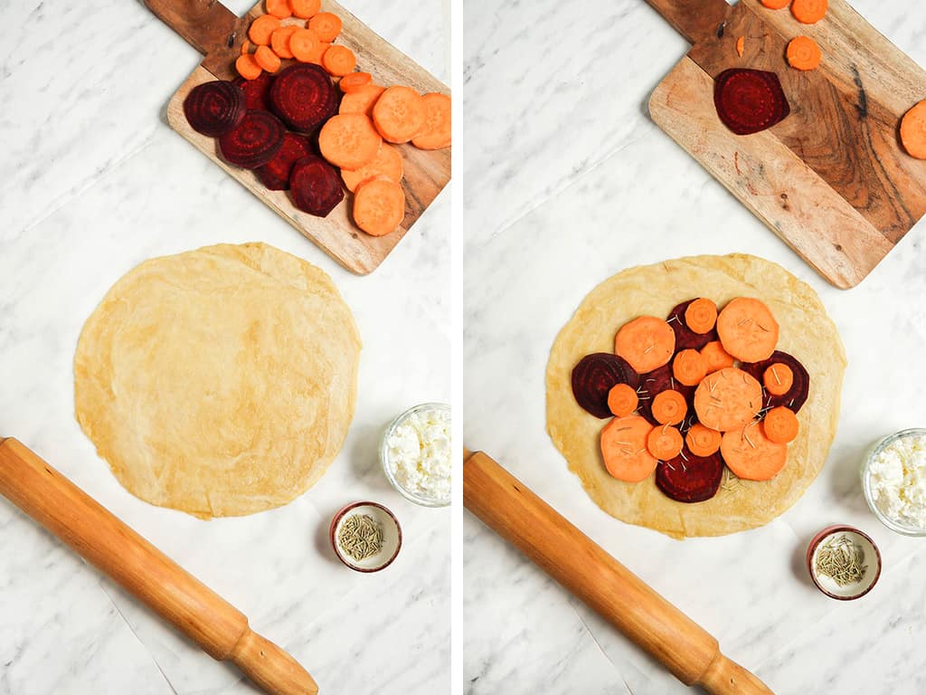 Left, dough rolled out into a large circle. Right, circled dough topped with sliced beets, carrots, and sweet potatoes. 