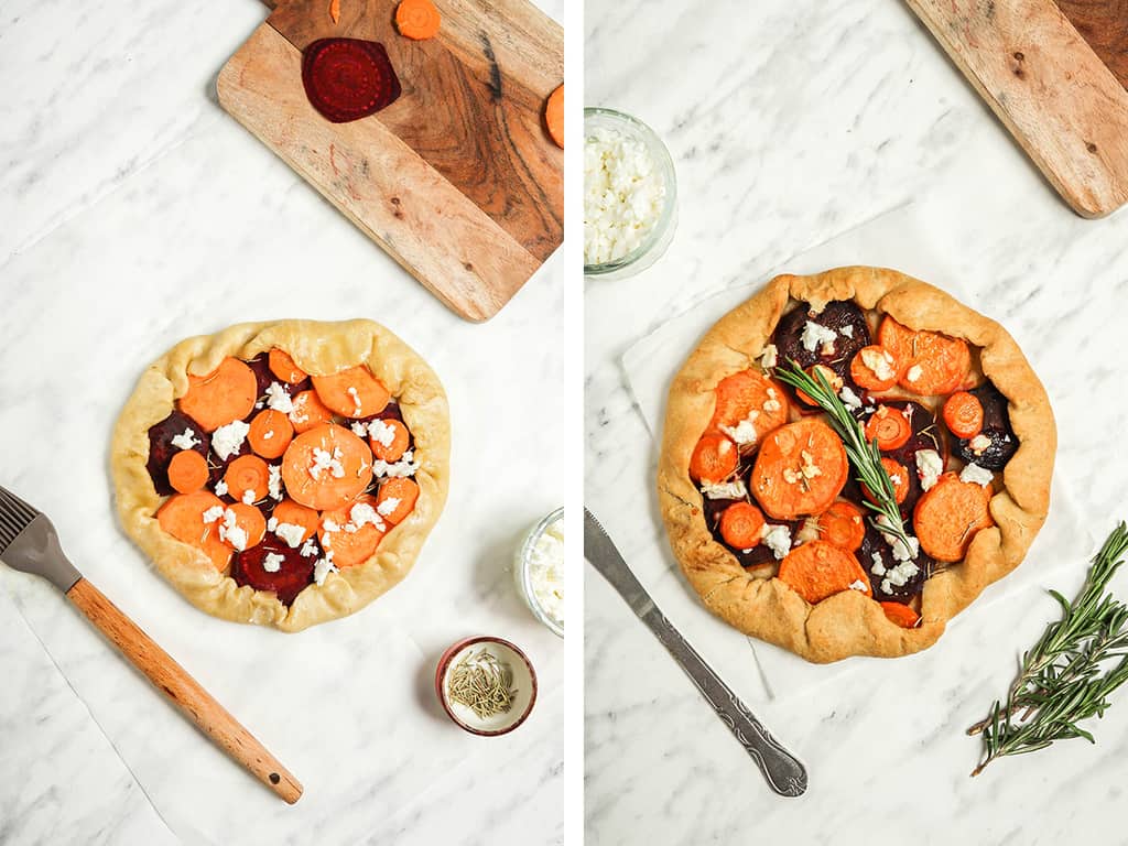 Left, raw galette sprinkled with rosemary and vegan feta cheese. Right, baked galette placed on a marble countertop.