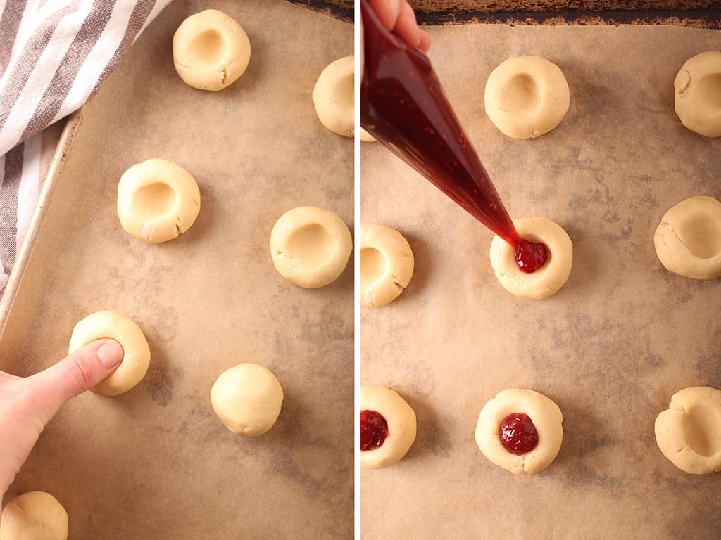 Left: thumb pressed into the cookie balls to create a thumbprint. Right:Jam filled into the thumbprint cookies