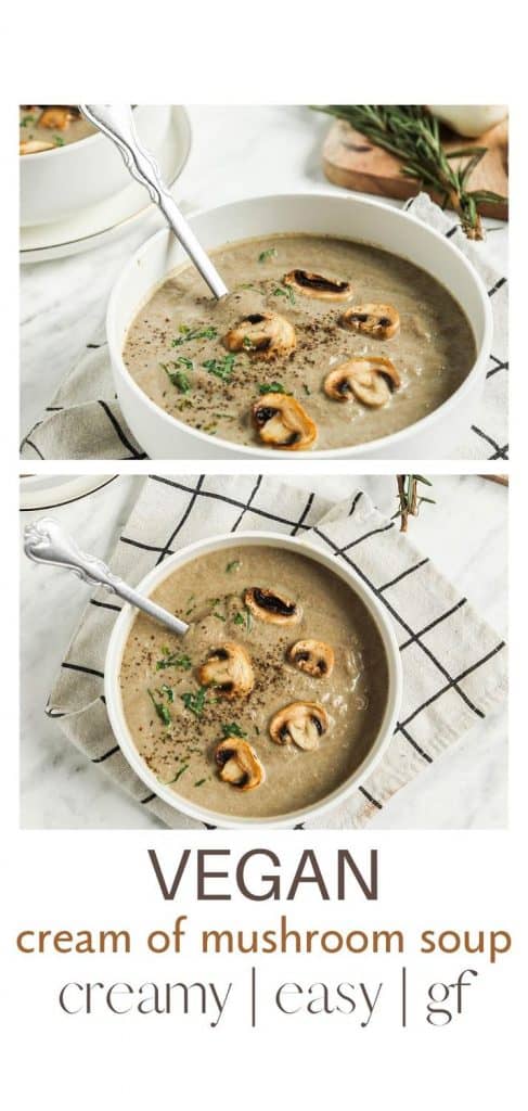 two images of white bowls filled with vegan cream of mushroom soup and served with spoons and fresh herbs.
