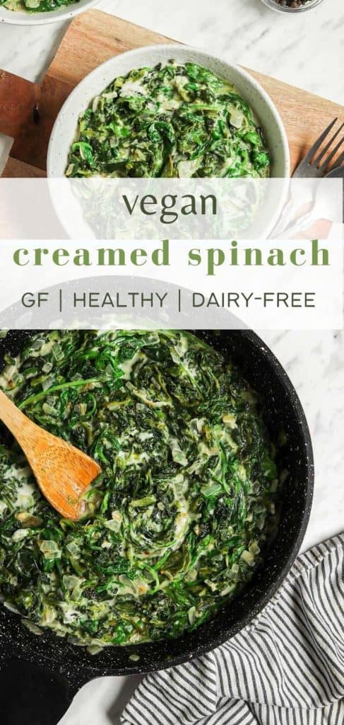 two images of creamed spinach with Pinterest text