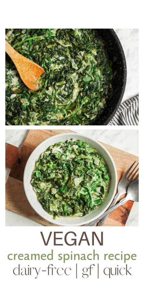 two images of creamed spinach in skillet for Pinterest