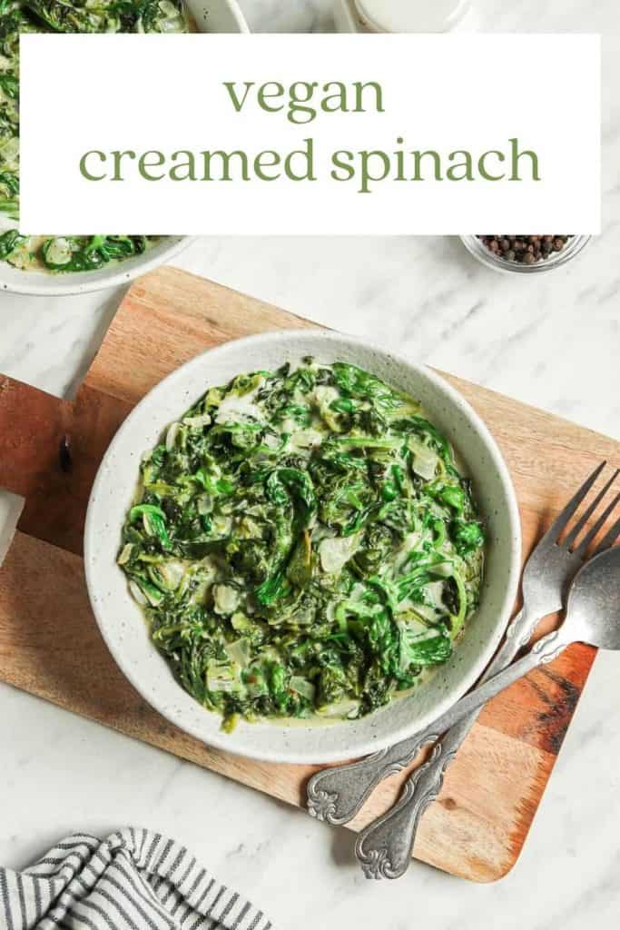 one bowl of creamed spinach with Pinterest text