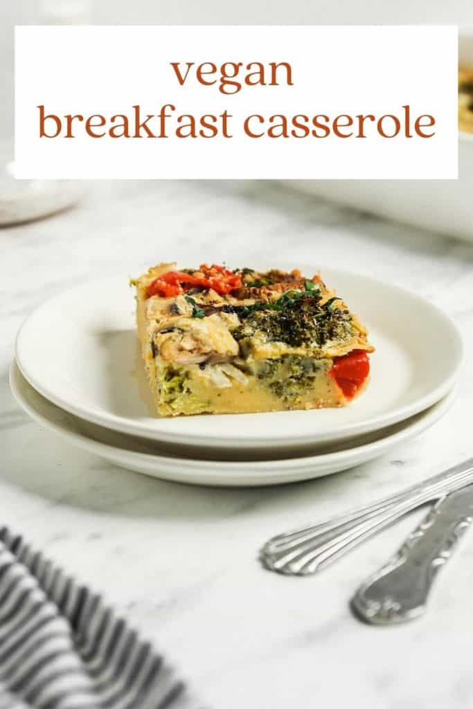 one slice of breakfast casserole on white dish with Pinterest text