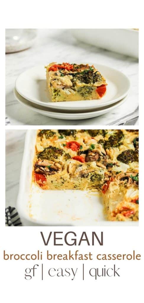 baked vegan casserole in white dish with Pinterest text