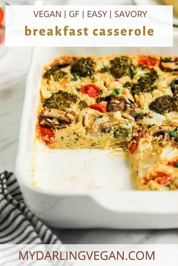 vegan broccoli breakfast casserole in white dish with mushrooms, tomatoes, and broccoli