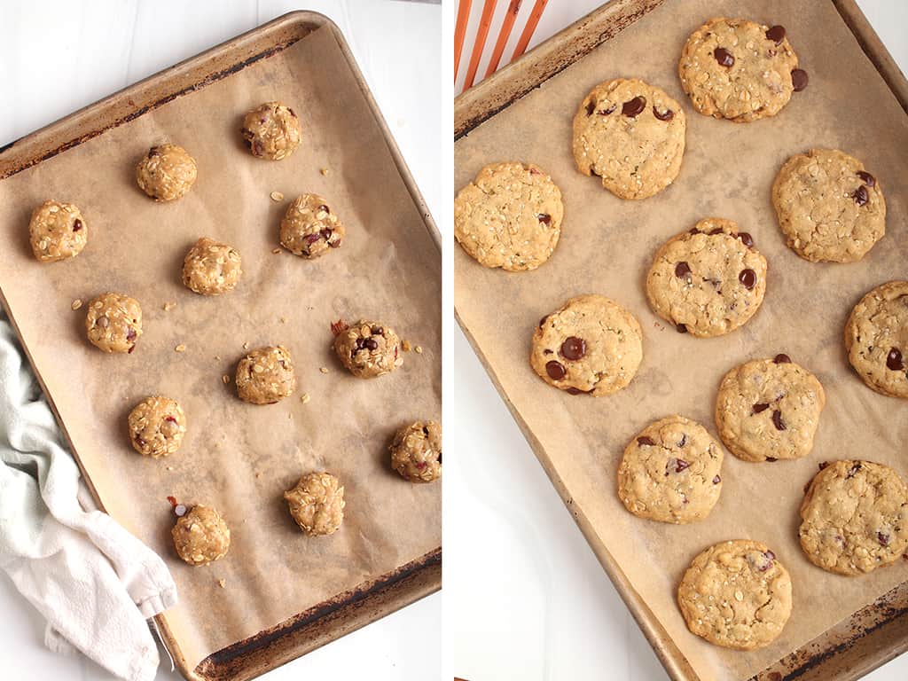 Left: Raw cookie dough rolled into balls and placed on a parchment paper. Right: Baked cookies on a baking sheet. 