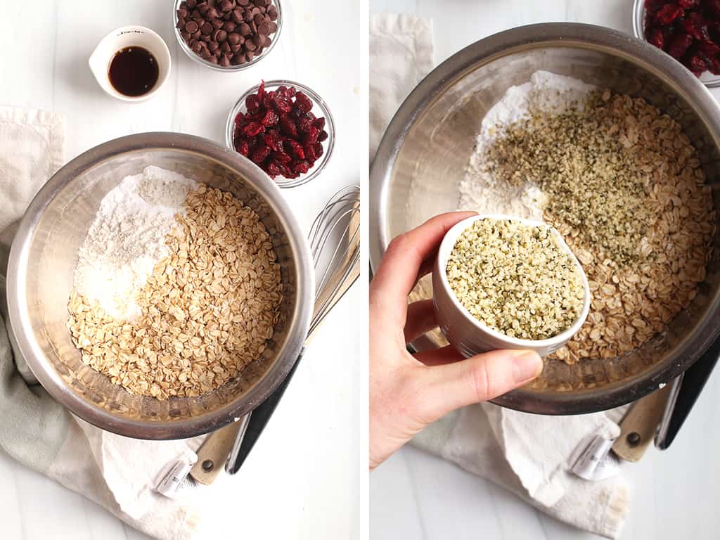 Left: Oats and flour mixed together in a metal bowl. Right: Hemp hearts added to the dry ingredients. 