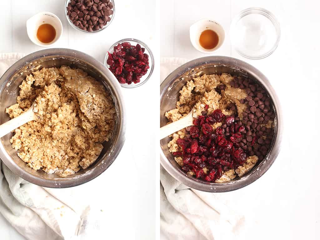 Left: Cookie dough blended together in a bowl. Right: cranberries and chocolate chips added to the cookie dough. 