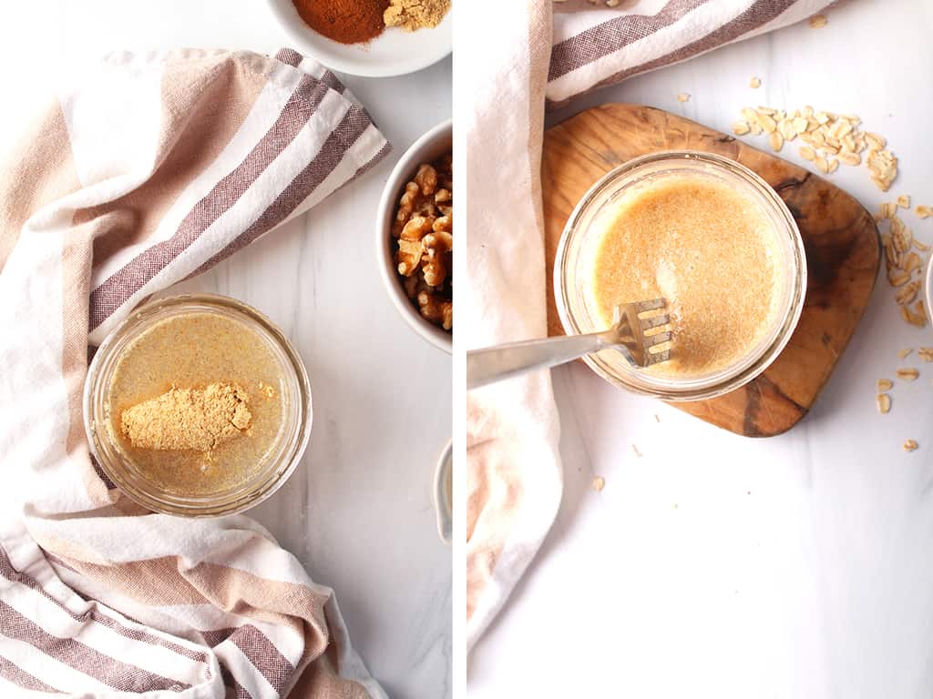 Side by side photos of flax egg mixed with water in a small mason jar.