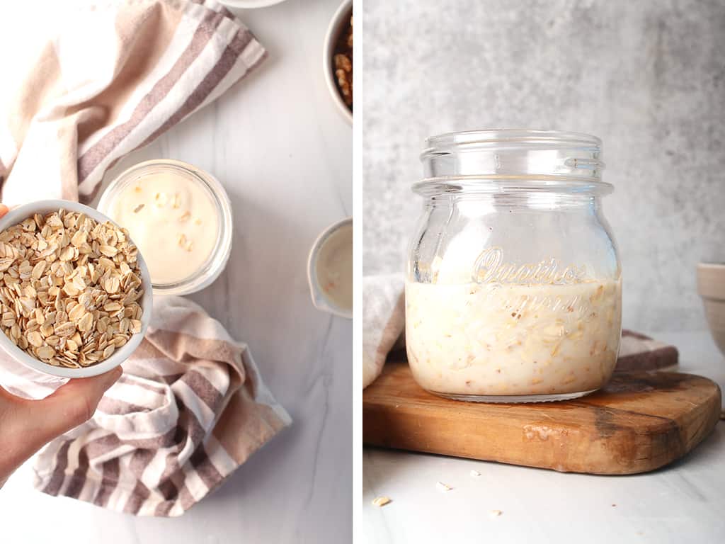 Side by side photos of oats soaking in a mason jar with soy milk