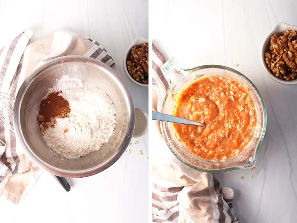 Left: dry ingredients in a metal mixing bowl. Right Wet ingredients in a liquid measuring cup.