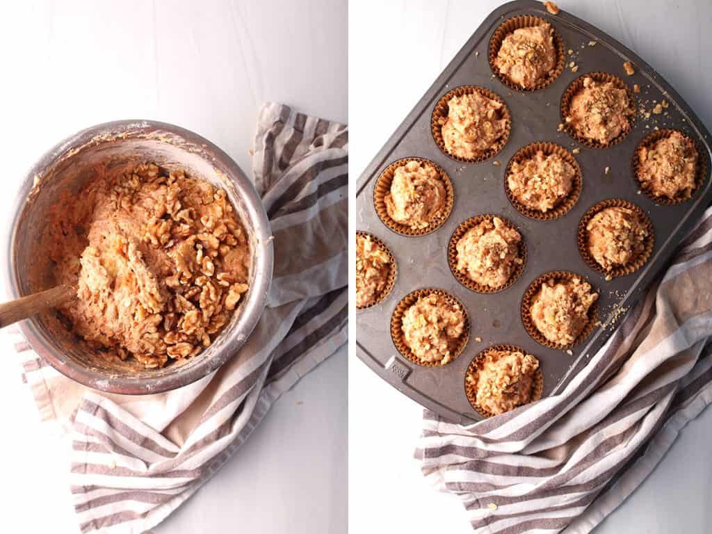 Left: finished muffin batter in a metal bowl. Right: muffins scooped into a lined baking sheet. 