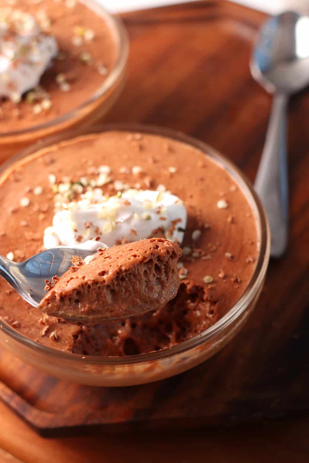 Close up of chocolate mousse on a spoon