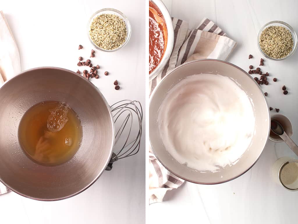 Left: aquafaba liquid in a stand up mixer. Right: whipped aquafaba. 