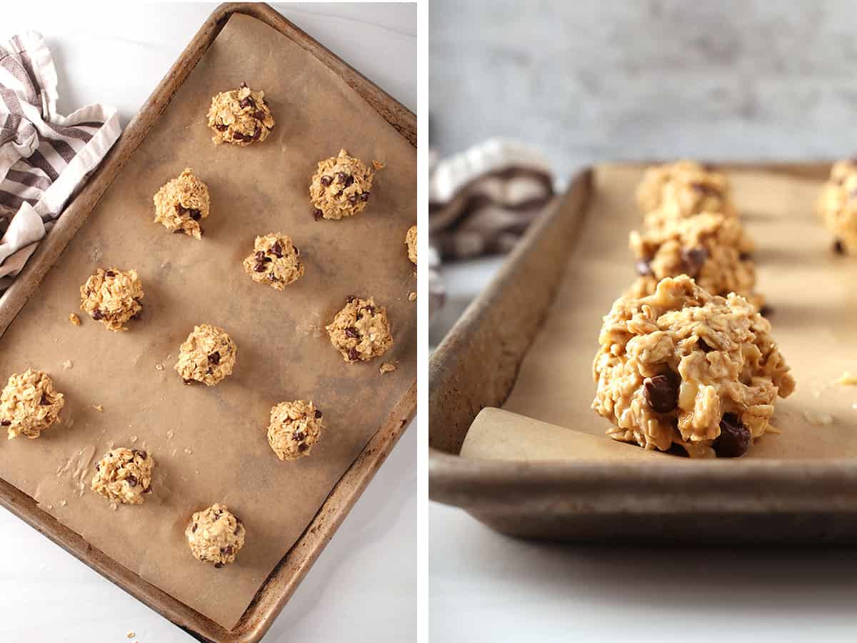 Raw cookies measured out and placed on a parchment lined baking sheet