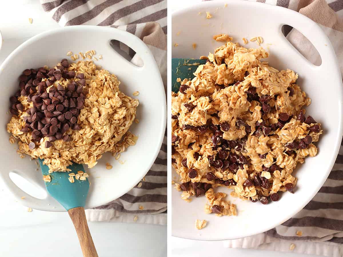 Cookie batter mashed together and in a whit bowl