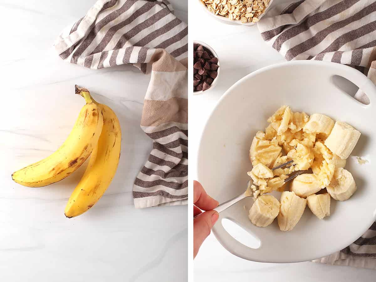 Side by side: Full bananas on a marble countertop. Mashed bananas in a white bowl.