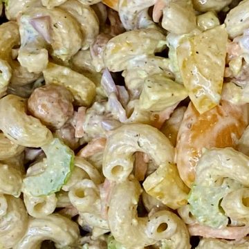 Buffalo chickpea pasta salad all mixed and ready to eat