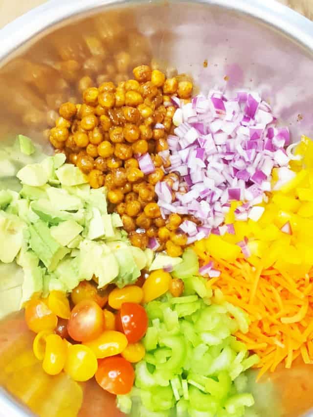 All the Buffalo chickpea pasta salad veggies chopped up and ready to add to the pasta