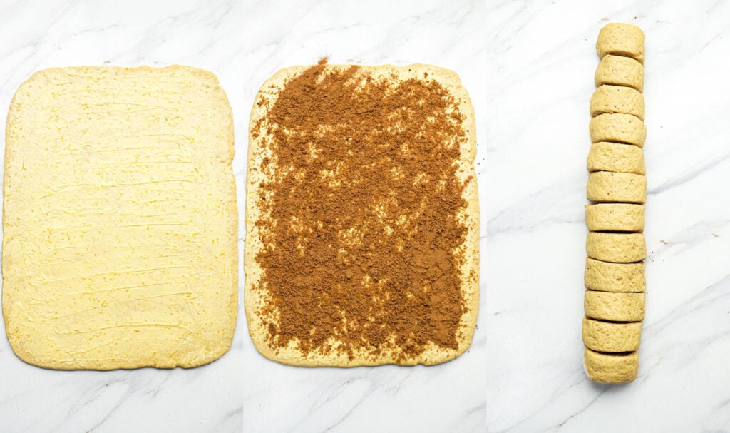 process shot showing rolled dough spread with cinnamon sugar and slicing pumpkin cinnamon rolls