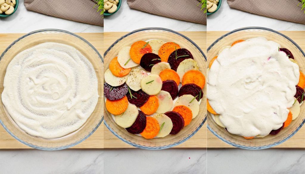 three step collage of cashew cream, sliced vegetables, and cream covered vegan gratin