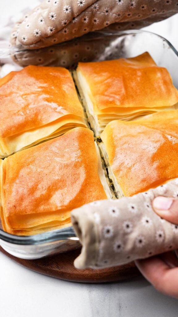 freshly baked vegan spanakopita cooling in the pan with golden flaky phyllo layers
